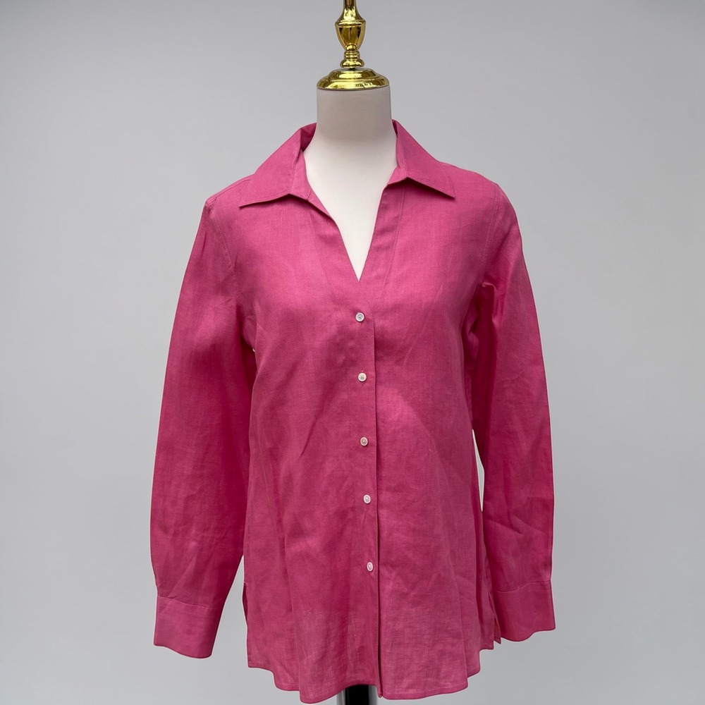 Talbots Button Down Shirt 10 Pink Pure Irish Linen V-Neck Long Sleeve Coastal